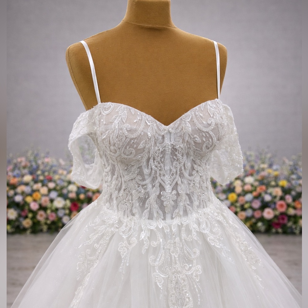 Romantic Lace Ball Gown Wedding Dress | Off-Shoulder | Custom Made to Order